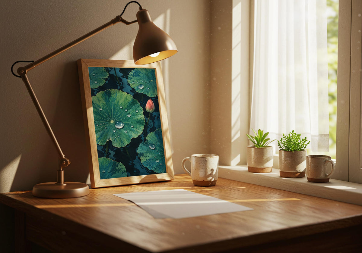 The room view places one coral bud among round leaves on a wooden desk beneath a task lamp.