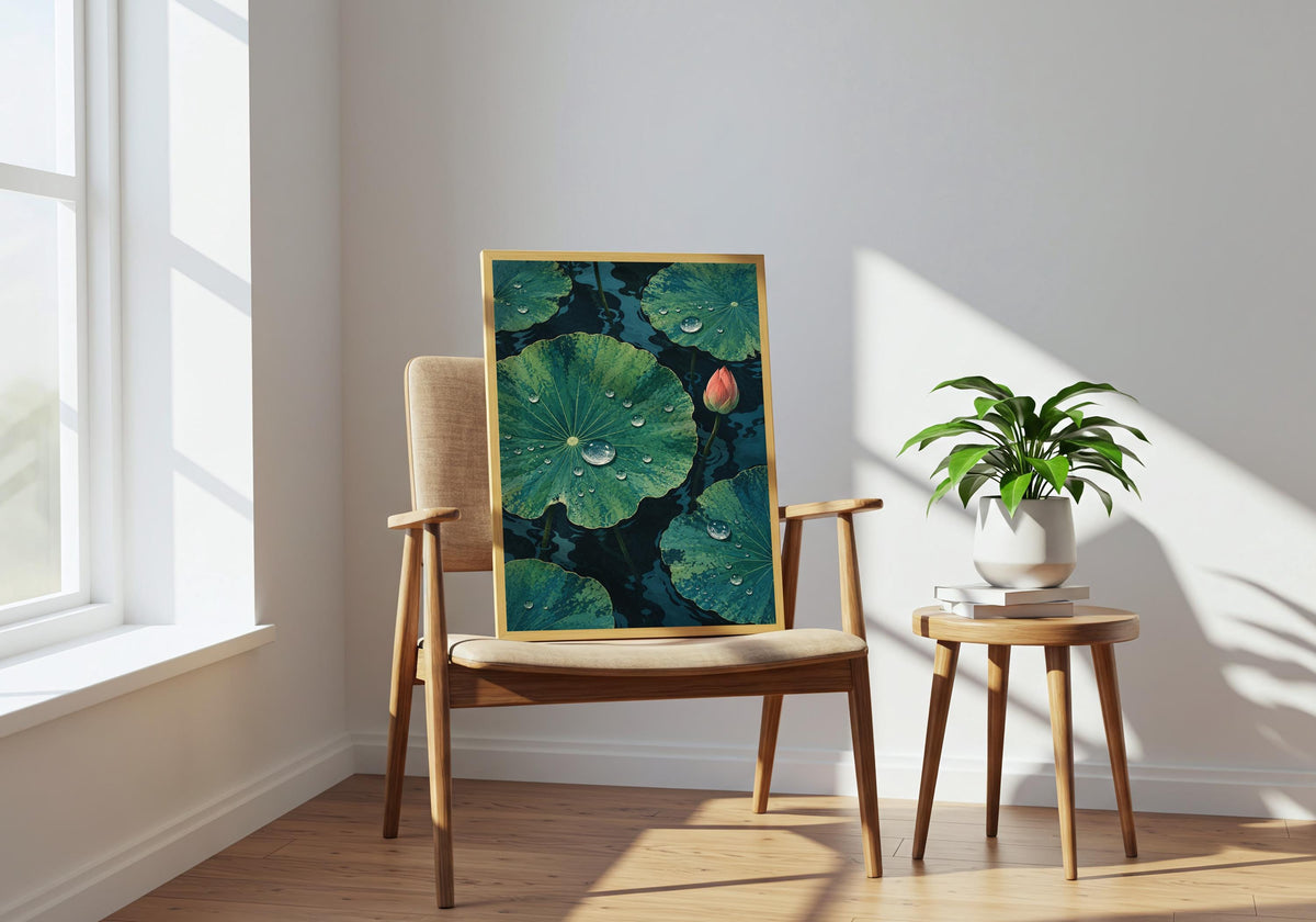 With the frame propped on a wooden chair beside a plant table, dark blue water between the foliage remains the focal detail.