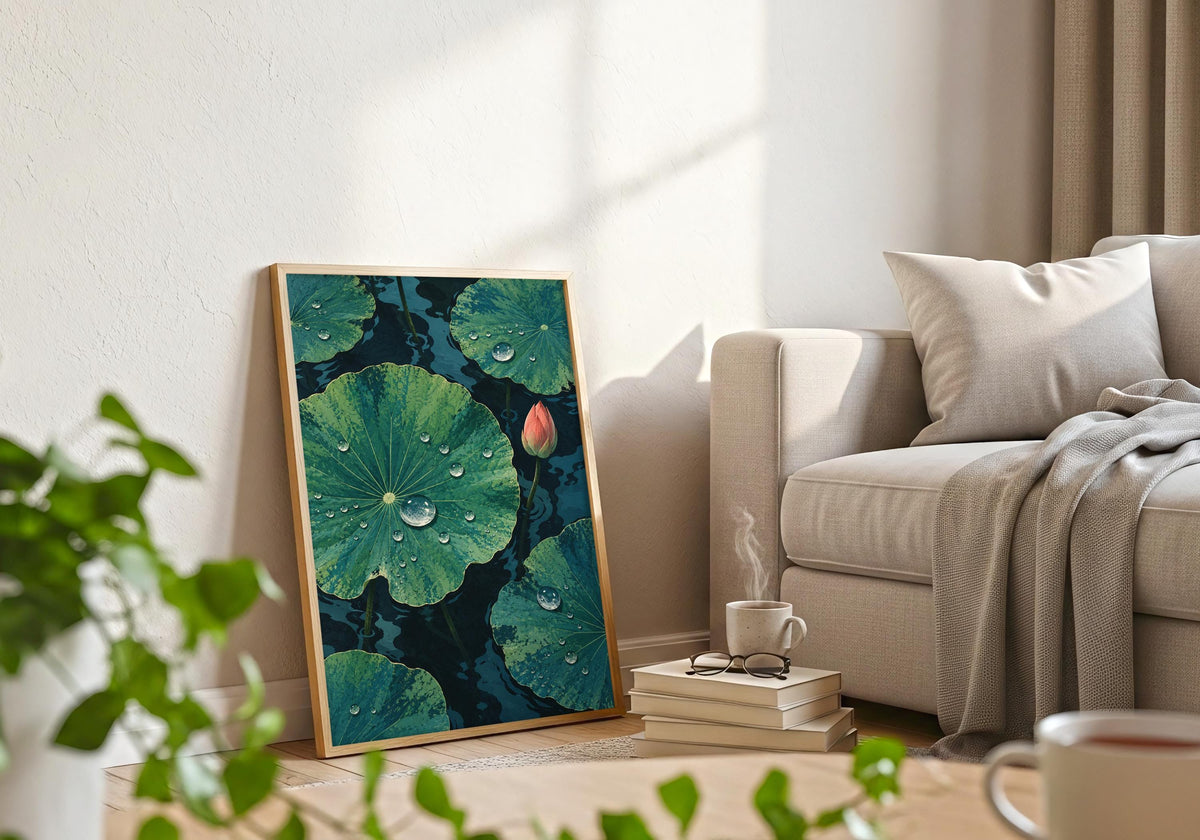 See bright beads on green leaf surfaces in the framed artwork beside a pale sofa with books on the floor.