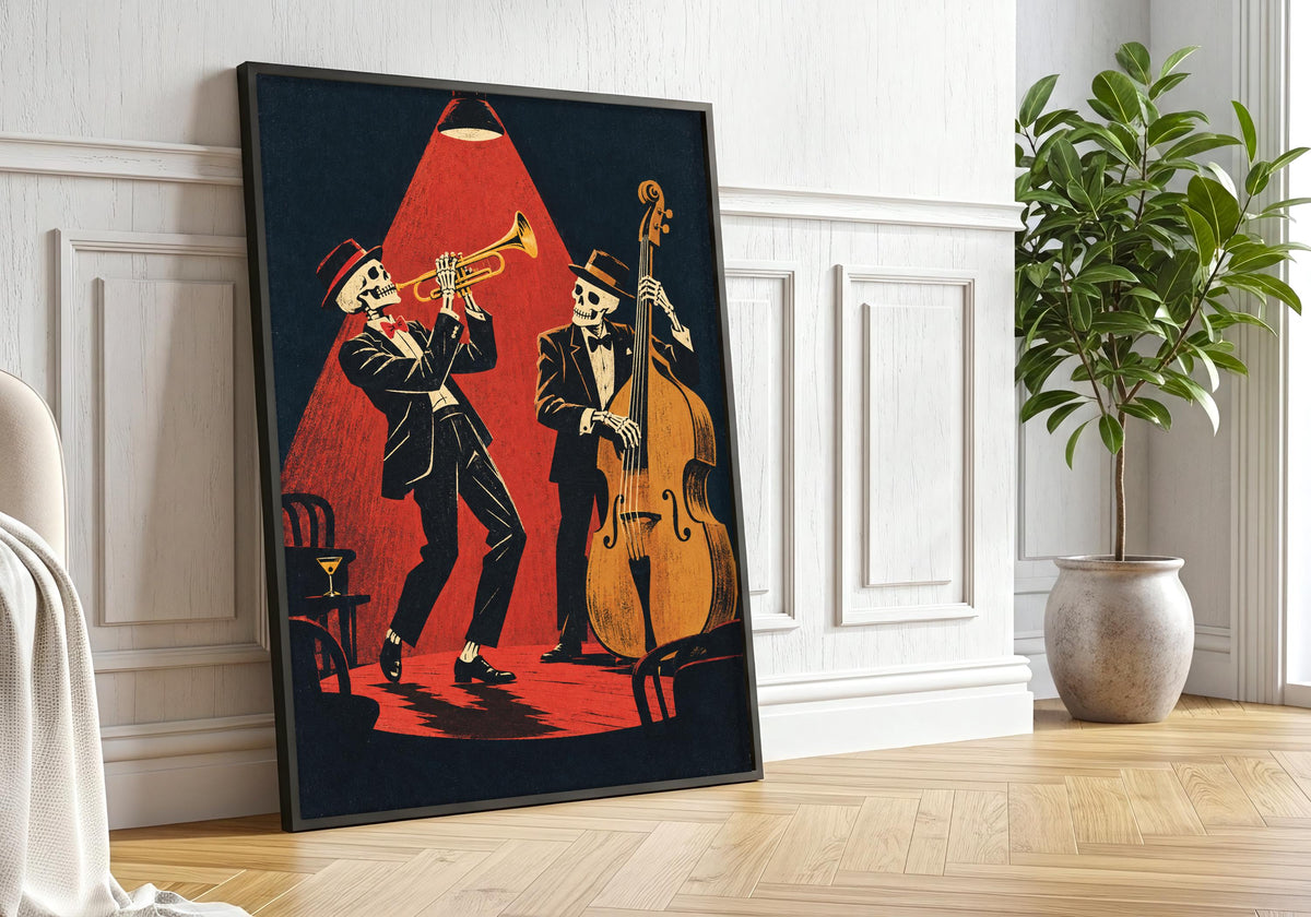 An interior mockup presents the late-night jazz duet against white panelling beside a large potted tree.