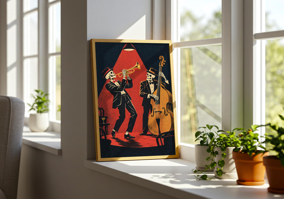 A wider styling view includes the two skeleton performers on a deep window ledge beside small plants.