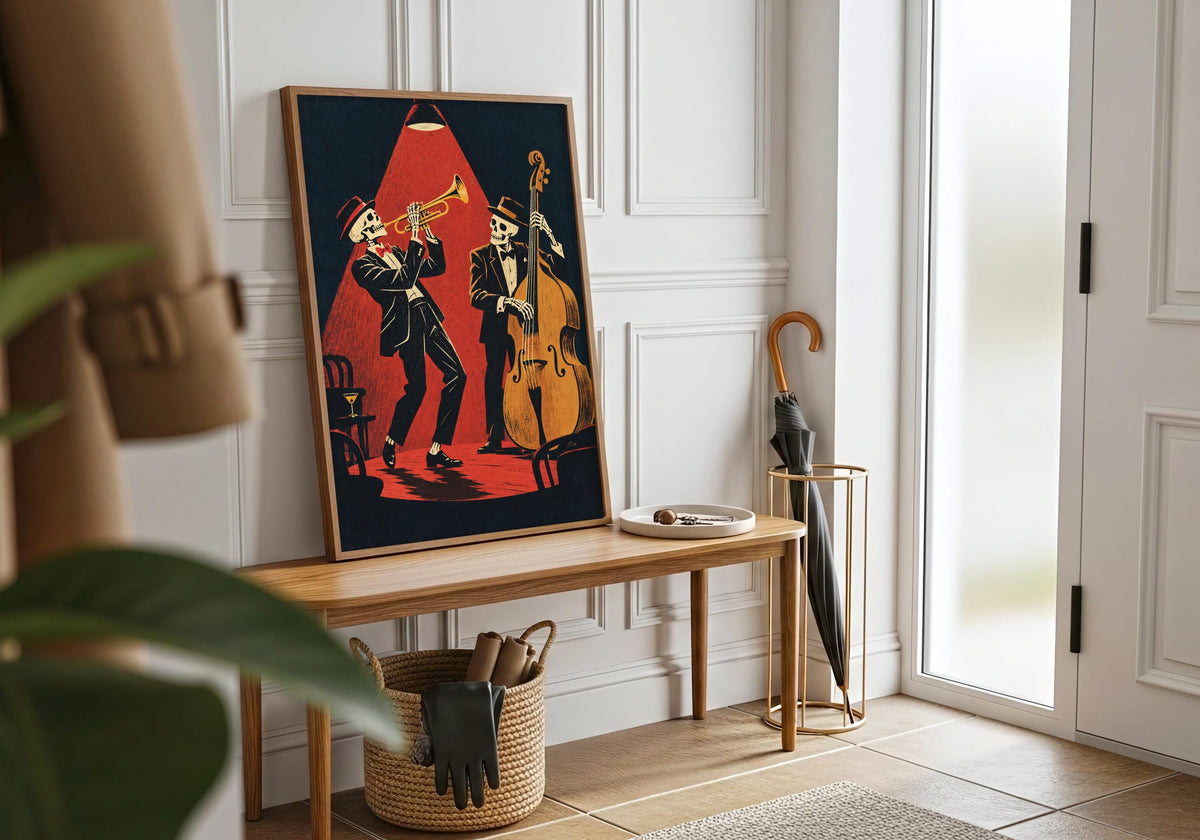The last room image pairs the graphic jazz-club poster with a frame on a hallway bench beside a closed umbrella.