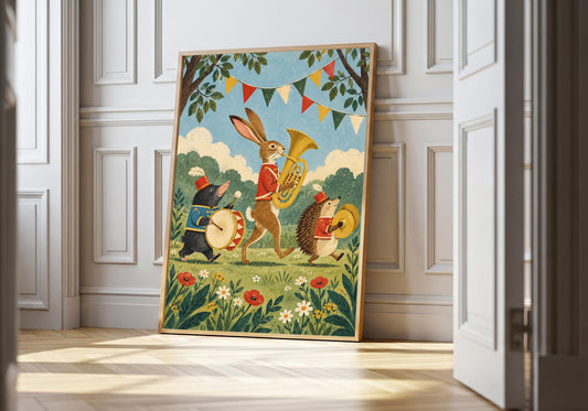 the woodland animal band appears leaning at a white panelled doorway.