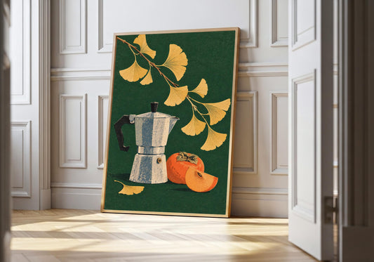 the silver moka pot and orange fruit appears leaning against a white panelled wall.