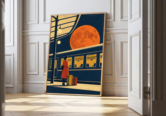 the traveller beneath an orange moon appears at a white panelled doorway.