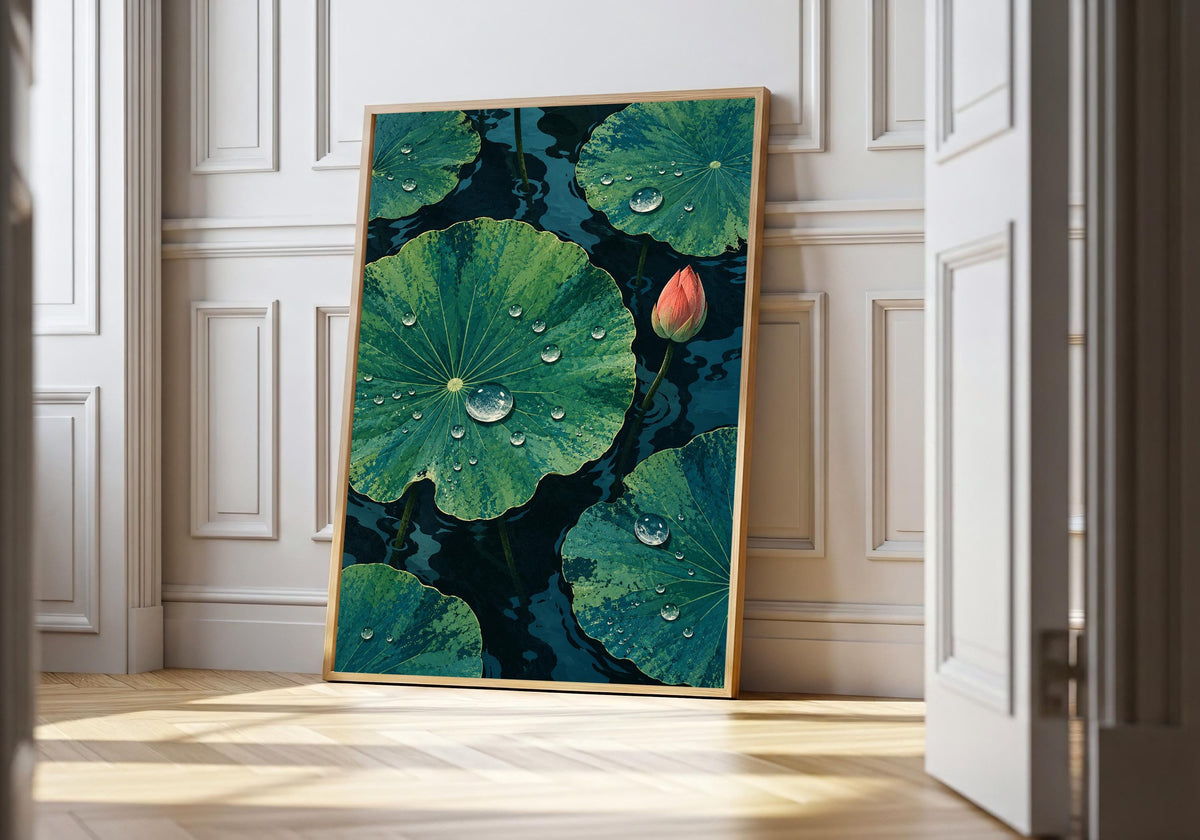 rain beads on broad lotus leaves appears at a white panelled doorway.