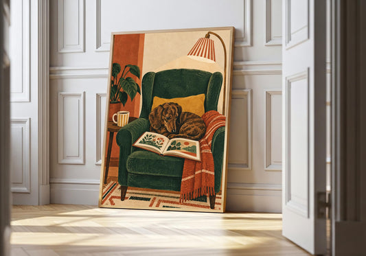 the dachshund in a green armchair appears at a white panelled doorway.