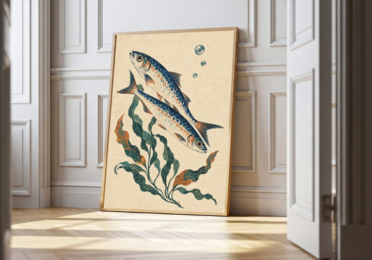 two blue sardines among seaweed appears leaning against a white panelled wall.