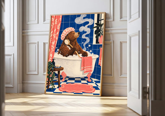 the bear in its white bath appears leaning at a white panelled doorway.