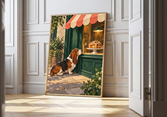 the waiting basset appears leaning against a white panelled wall.