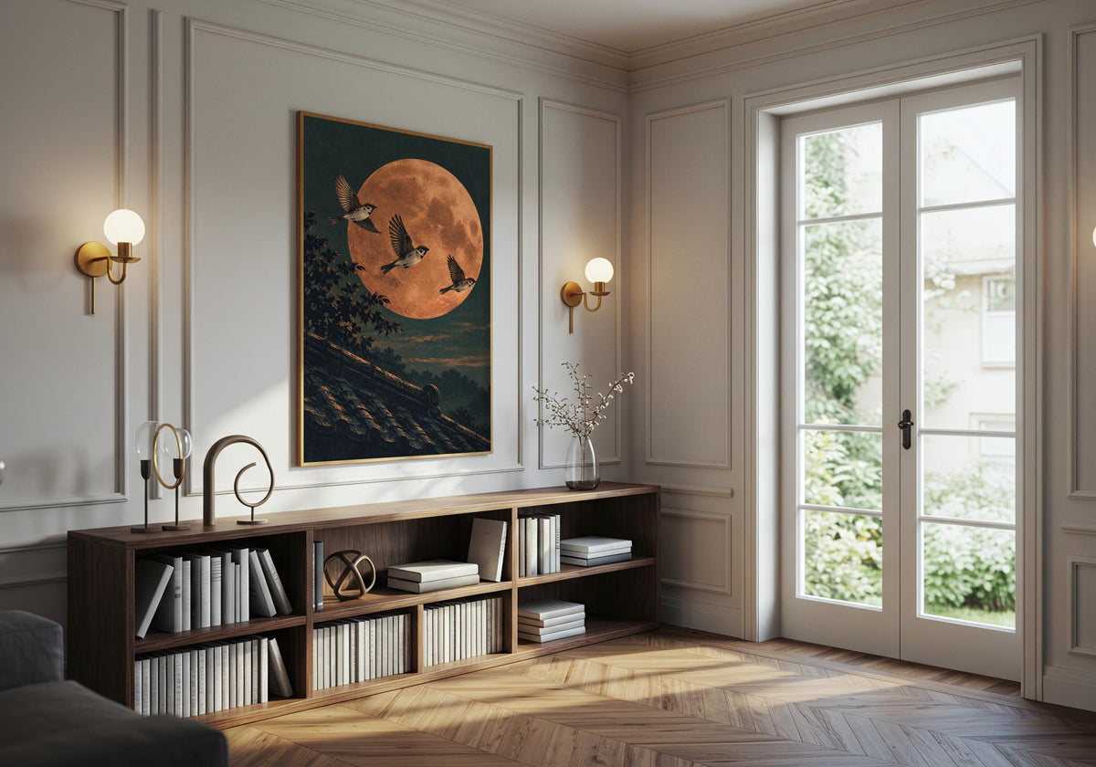 Above the record cabinet, the displayed artwork contains the diagonal roof beneath the birds.