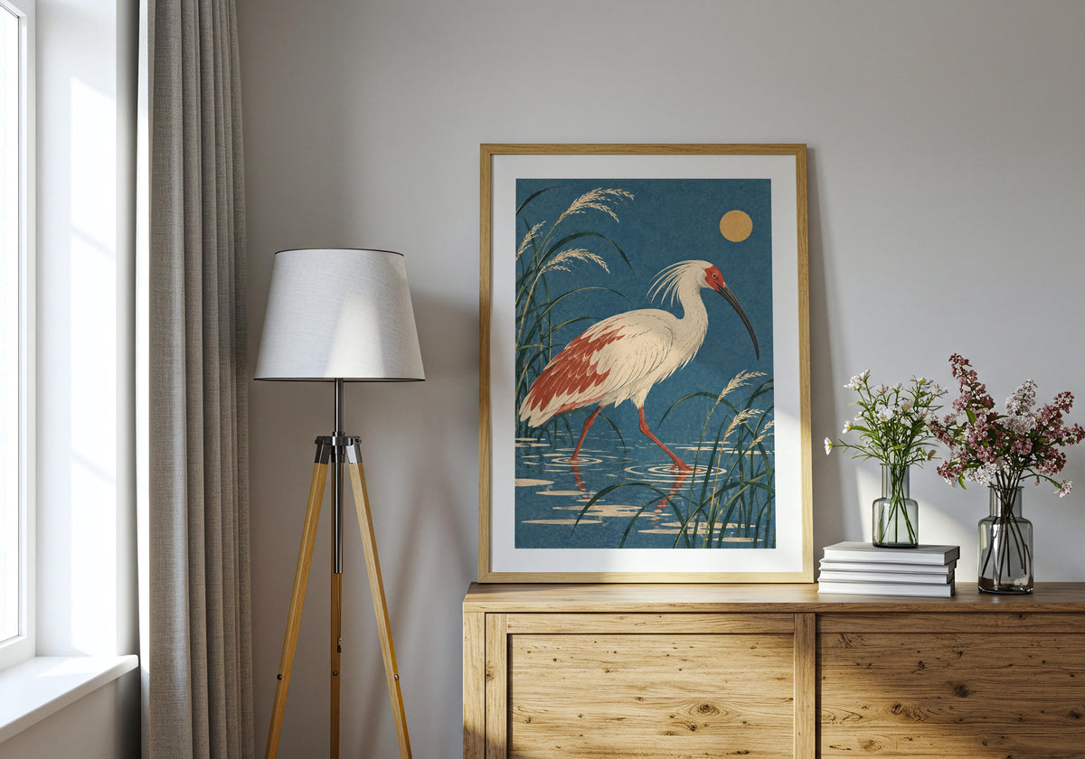 The print above a wooden chest beside a tripod lamp shows rust and ivory feathers.