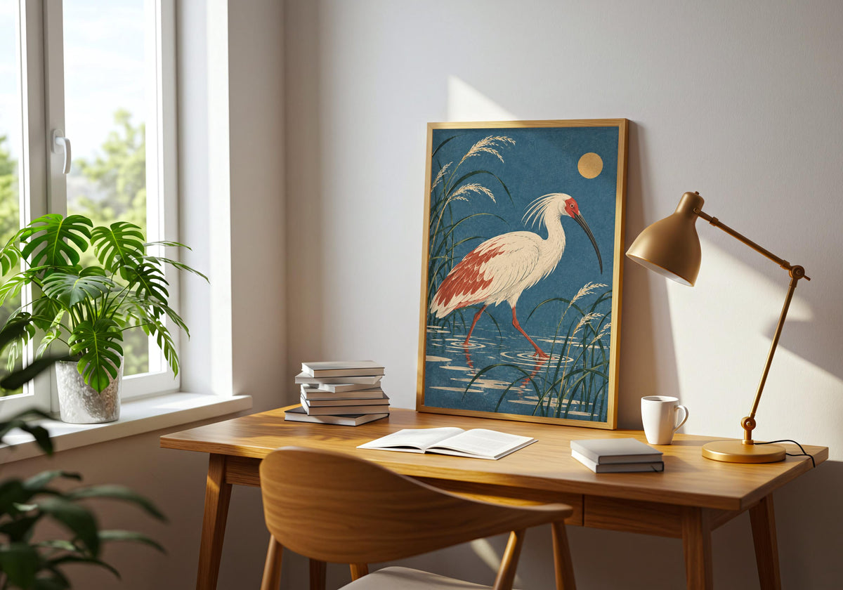 On a desk with a brass task lamp, the artwork features fine reeds arching around the bird.