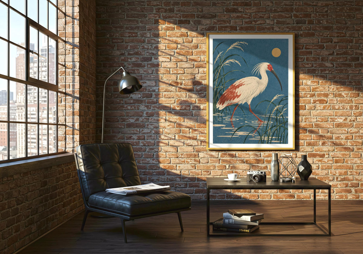 A brick-wall display above a black chair sets off the illustration of the small golden sky disc.