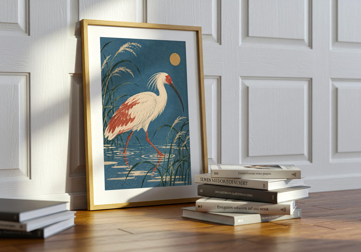 The tabletop view beside stacked books includes a pale bird against deep blue in the print.