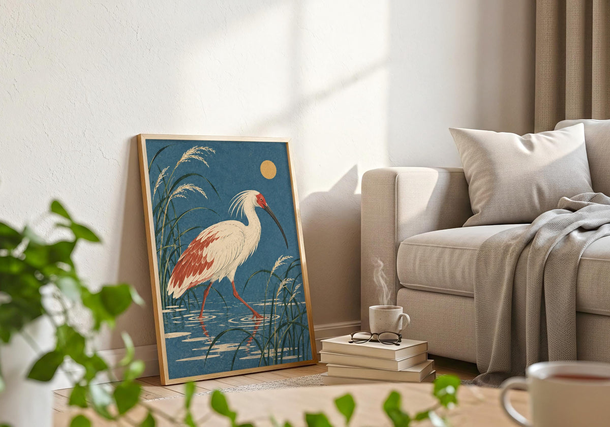 A pale sofa and foreground greenery accompany the light-wood-framed view of reeds reflected in the shallow water.