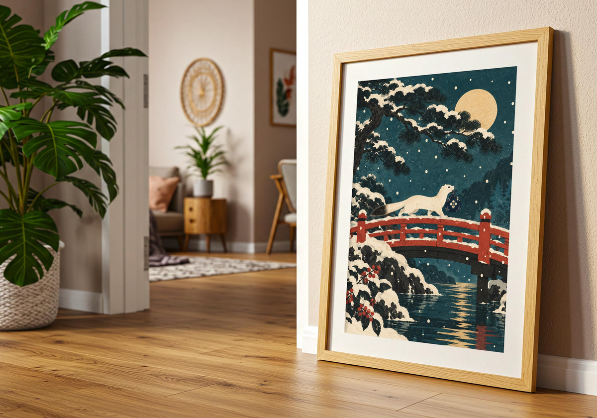 This wooden-floor setting pairs green houseplants with a print of the moonlit snowy landscape.
