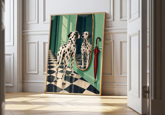 At a white doorway, a light-wood frame presents the Dalmatian and its reflection.