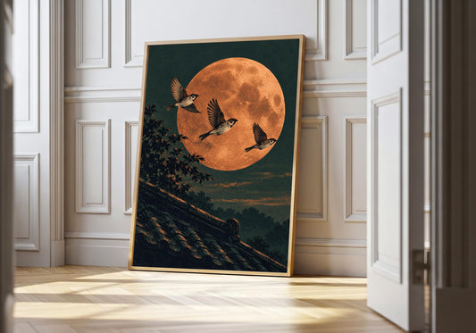 A light-wood frame at a white panelled doorway displays three sparrows over a copper moon.