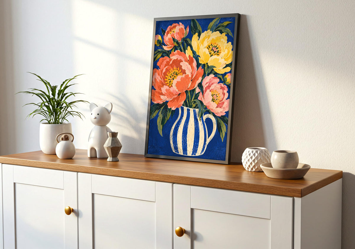 The room image includes the cobalt bouquet background in a frame on a white cabinet with a wooden top.