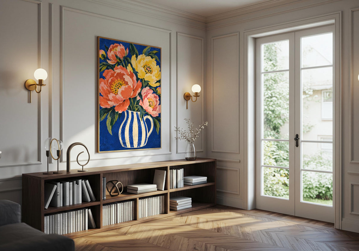 See the striped jug beneath the blooms in the framed artwork on a panelled wall above a record cabinet.