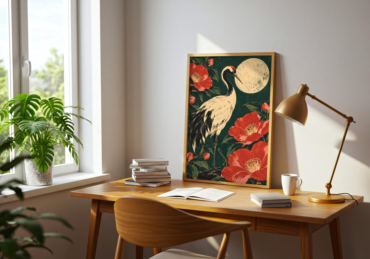 The room image includes the white crane silhouette in a frame on a desk beside a brass task lamp.