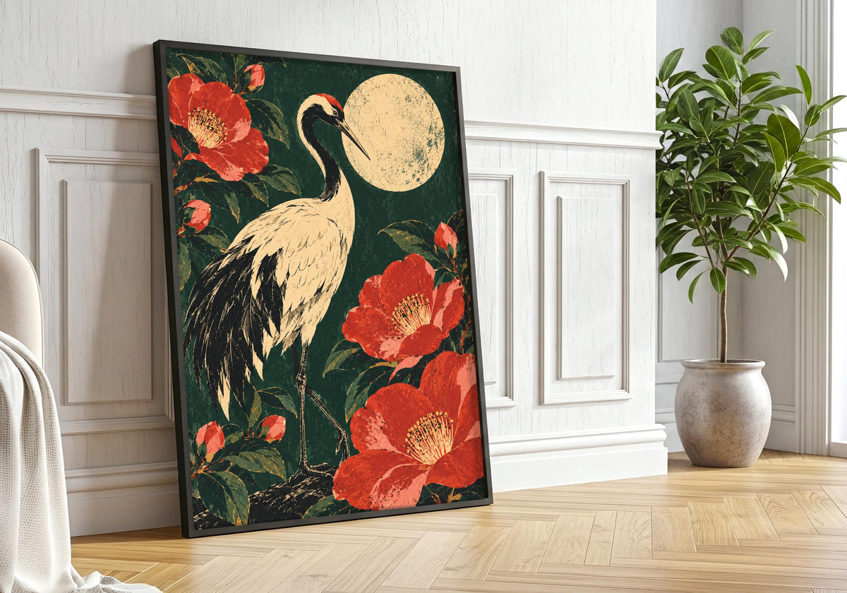 This interior presents curving flower stems in a portrait frame against white panelling beside a large leafy tree.