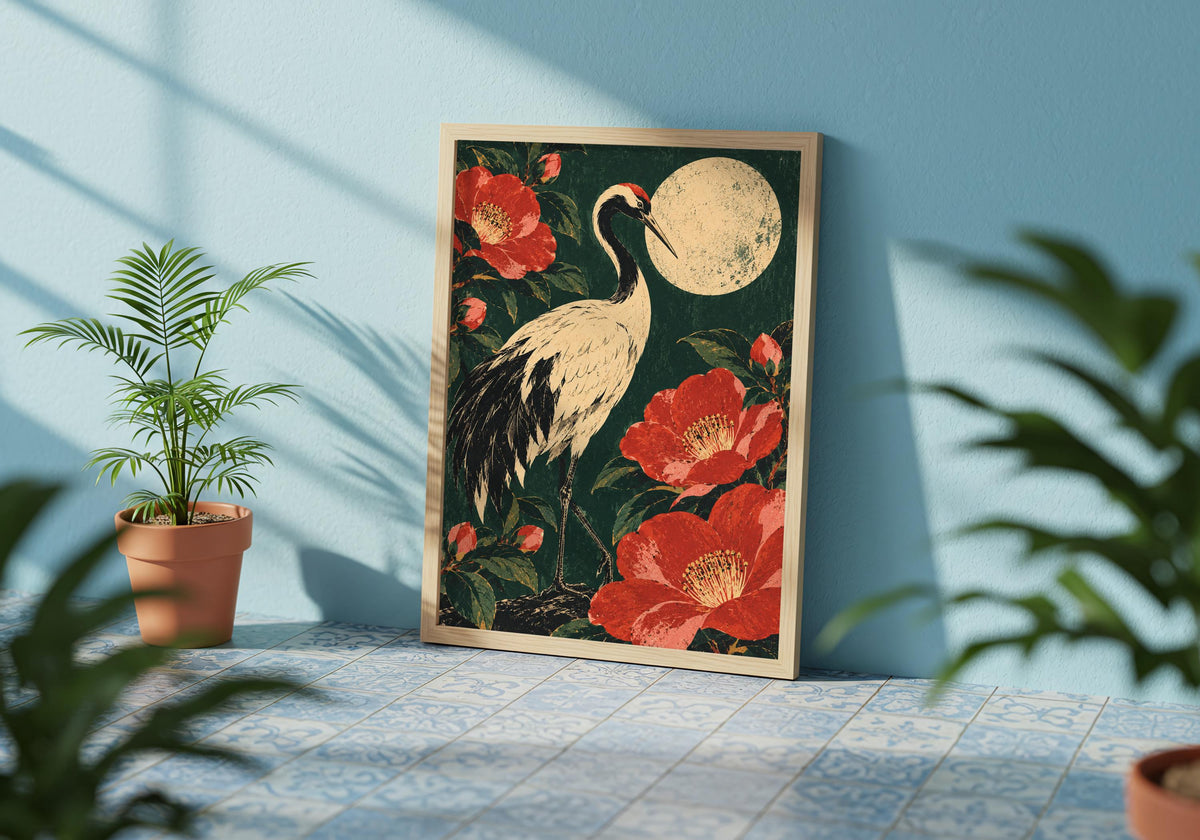 See the bird’s long neck in the framed artwork against a blue wall with leafy shadows.
