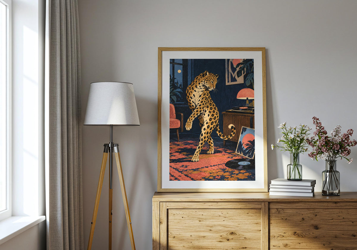 Placed above a wooden chest beside a tripod lamp, the artwork shows the coral lamp in the music room.