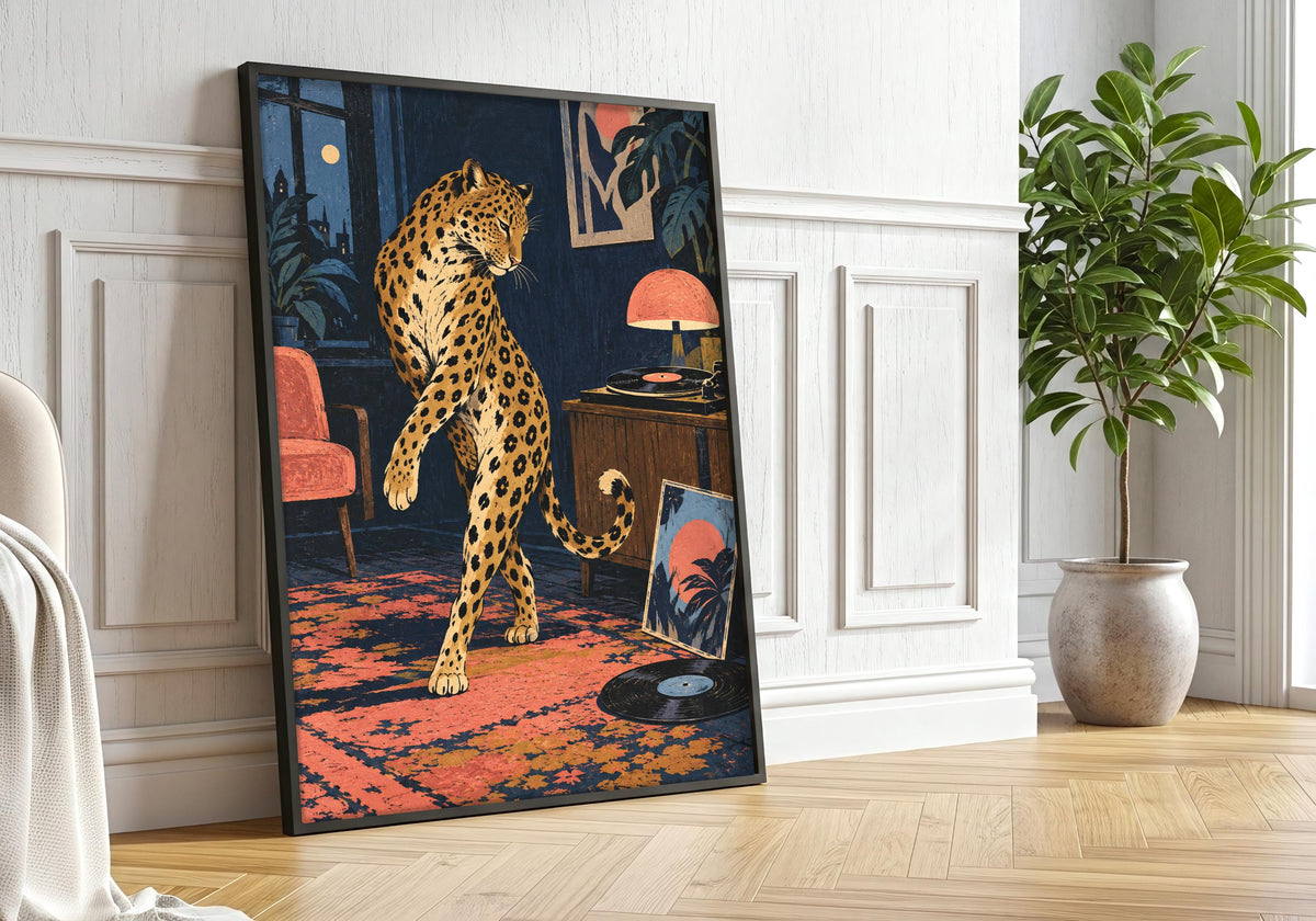 This interior presents the spotted animal silhouette in a portrait frame against white panelling beside a large leafy tree.