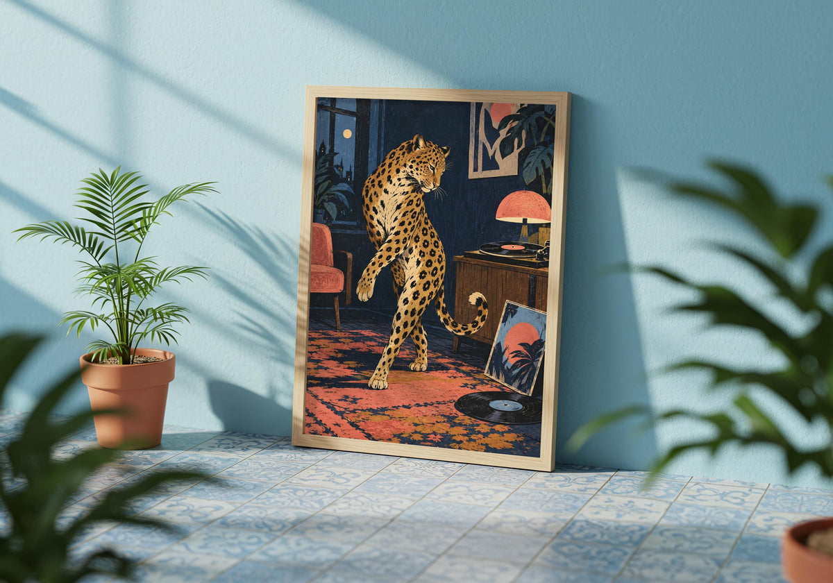 See coral seating against a dark ground in the framed artwork against a blue wall with leafy shadows.