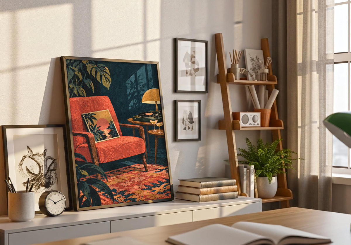 Here, the print of the vinyl-evening still life sits on a console among smaller framed pictures.