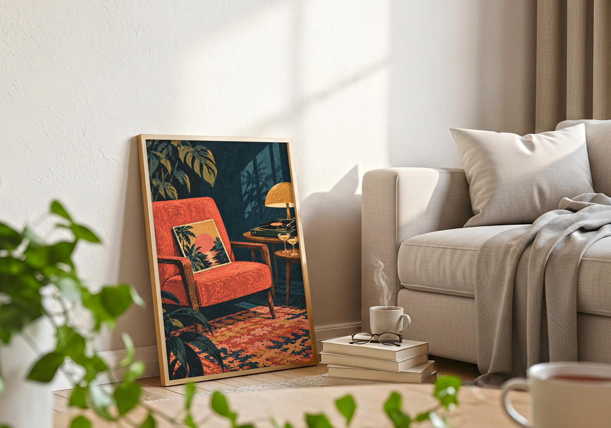 See the coral upholstered chair in the framed artwork beside a pale sofa with books on the floor.
