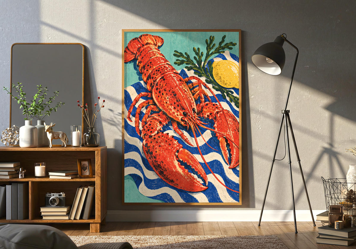 This interior presents the lobster’s large claws in a portrait frame near an open shelf and black floor lamp.