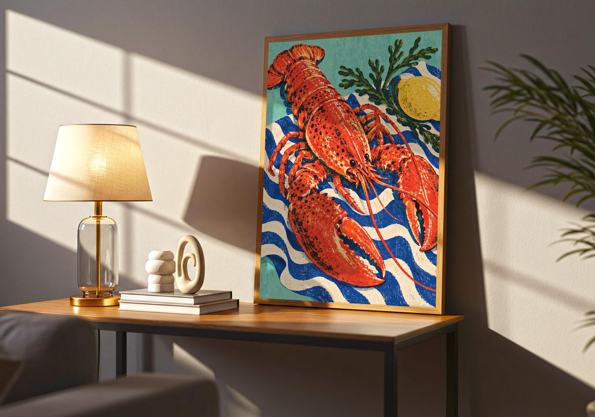 The final room mockup features the colourful seafood illustration in the artwork on a table beside a lit lamp.