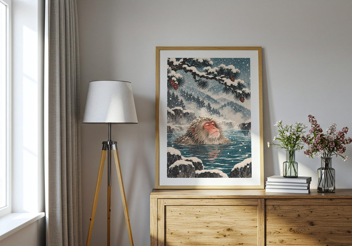 Placed above a wooden chest beside a tripod lamp, the artwork shows snow-covered pine branches.