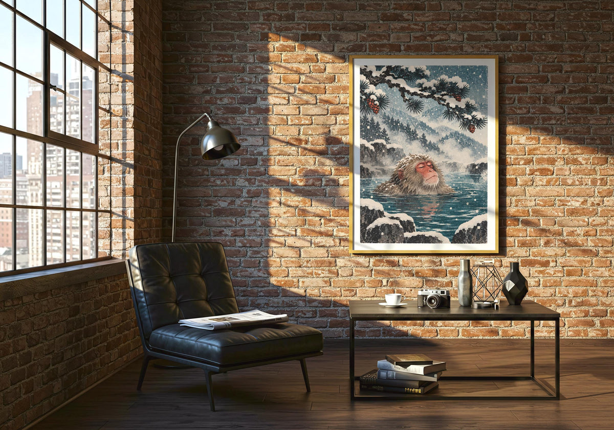 Shown on a brick wall above a black chair, the illustration features dark water beneath pale snow.