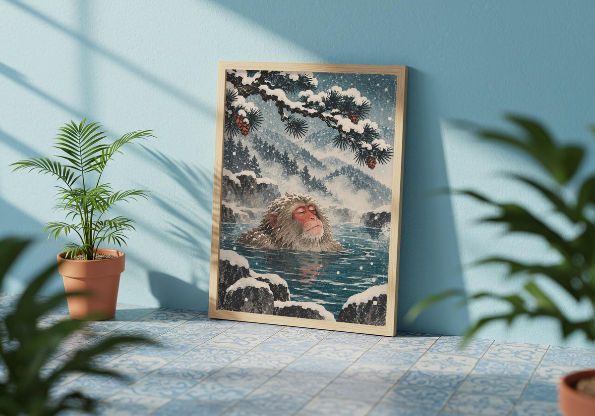 See the pine-framed mountain setting in the framed artwork against a blue wall with leafy shadows.