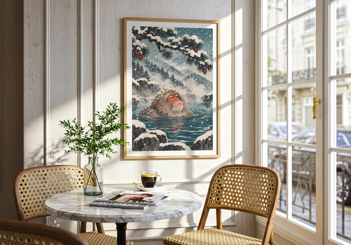 An interior view displays the layered snowy background on the wall beside a round marble dining table.