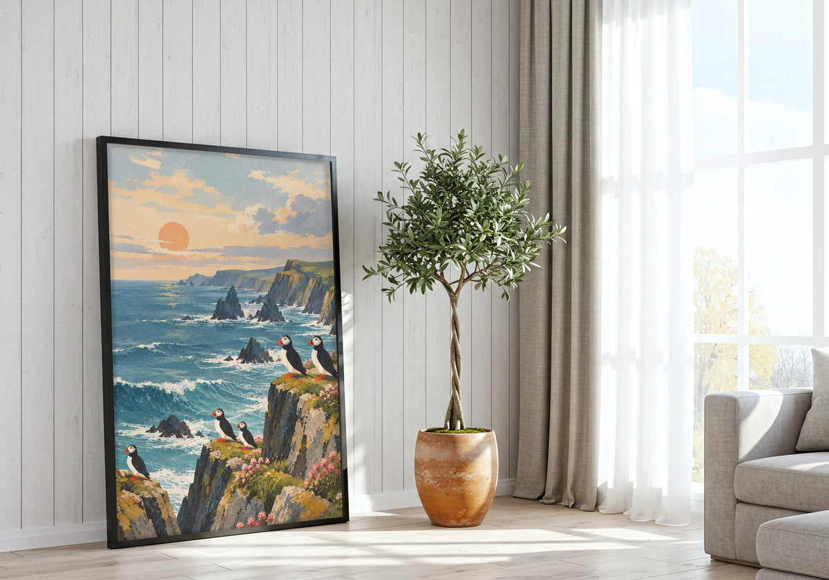Placed on the floor beside a bright window and potted tree, the artwork shows the warm sunset over the sea.