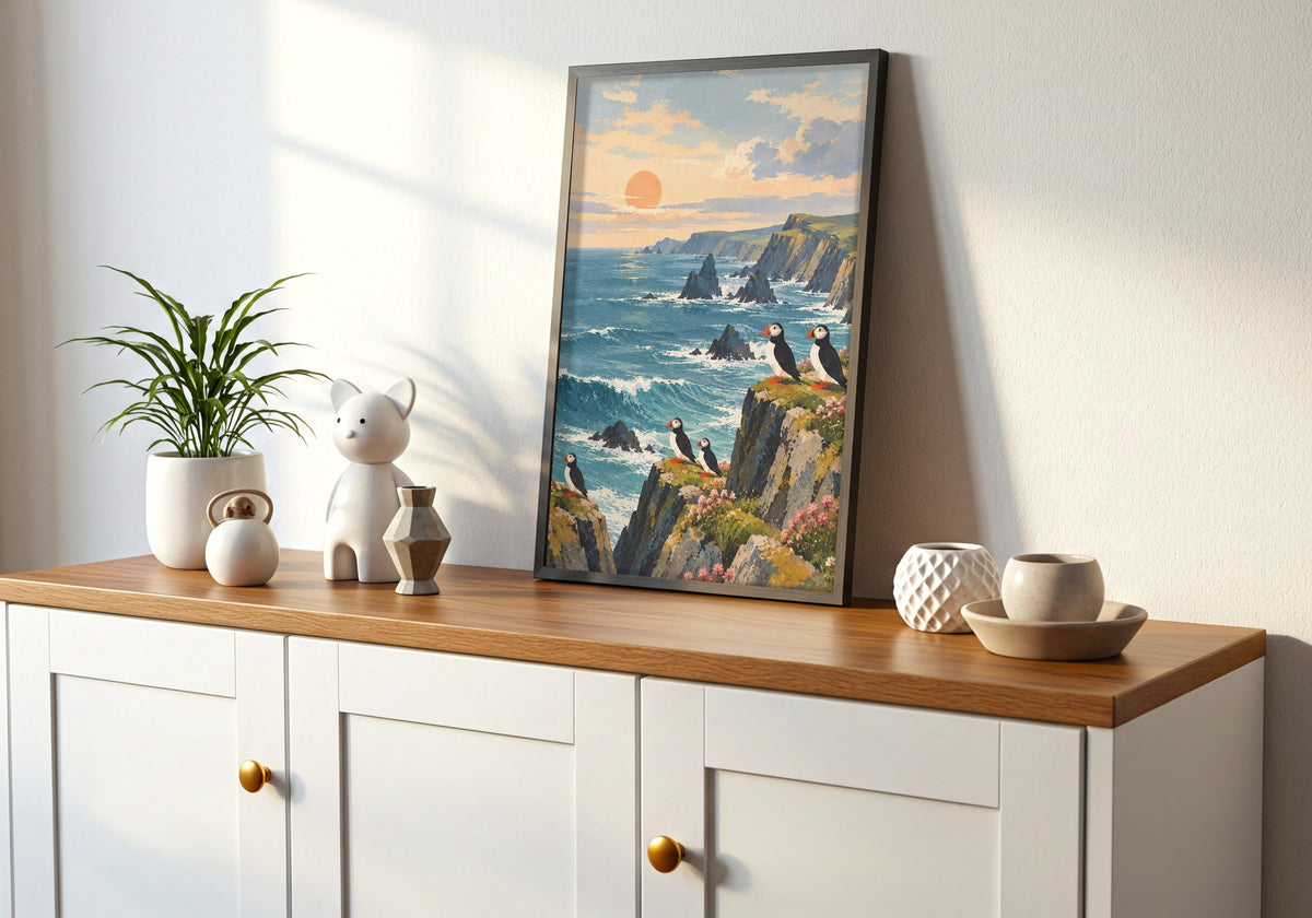 The room image includes dark seabirds against open sky in a frame on a white cabinet with a wooden top.