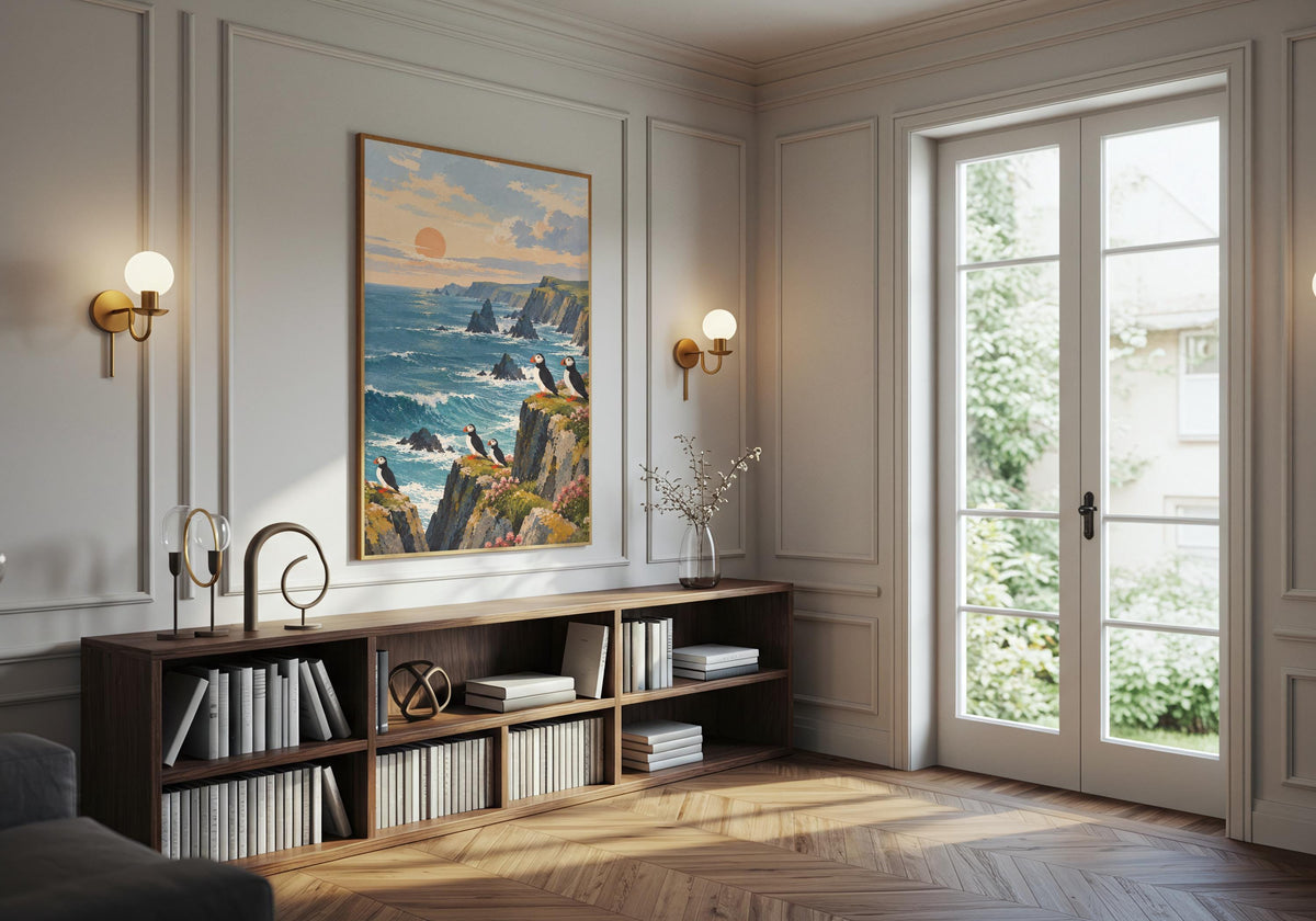 See bright bills on the puffins in the framed artwork on a panelled wall above a record cabinet.