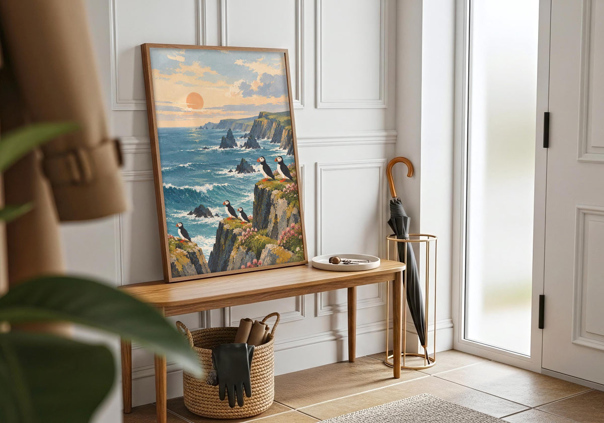 An interior view displays the seabirds on the rocky foreground on a wooden entryway bench beside a closed umbrella.