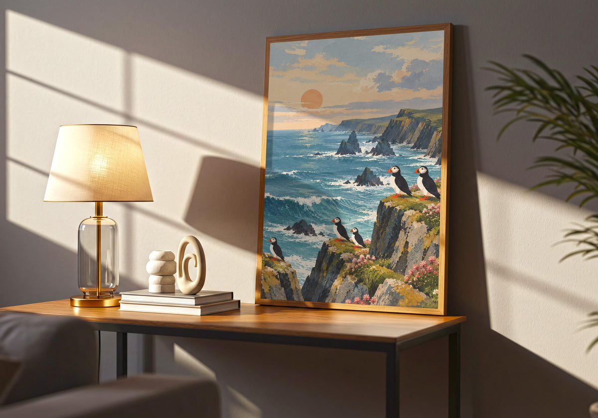 The final room mockup features the sunset seabird landscape in the artwork on a table beside a lit lamp.