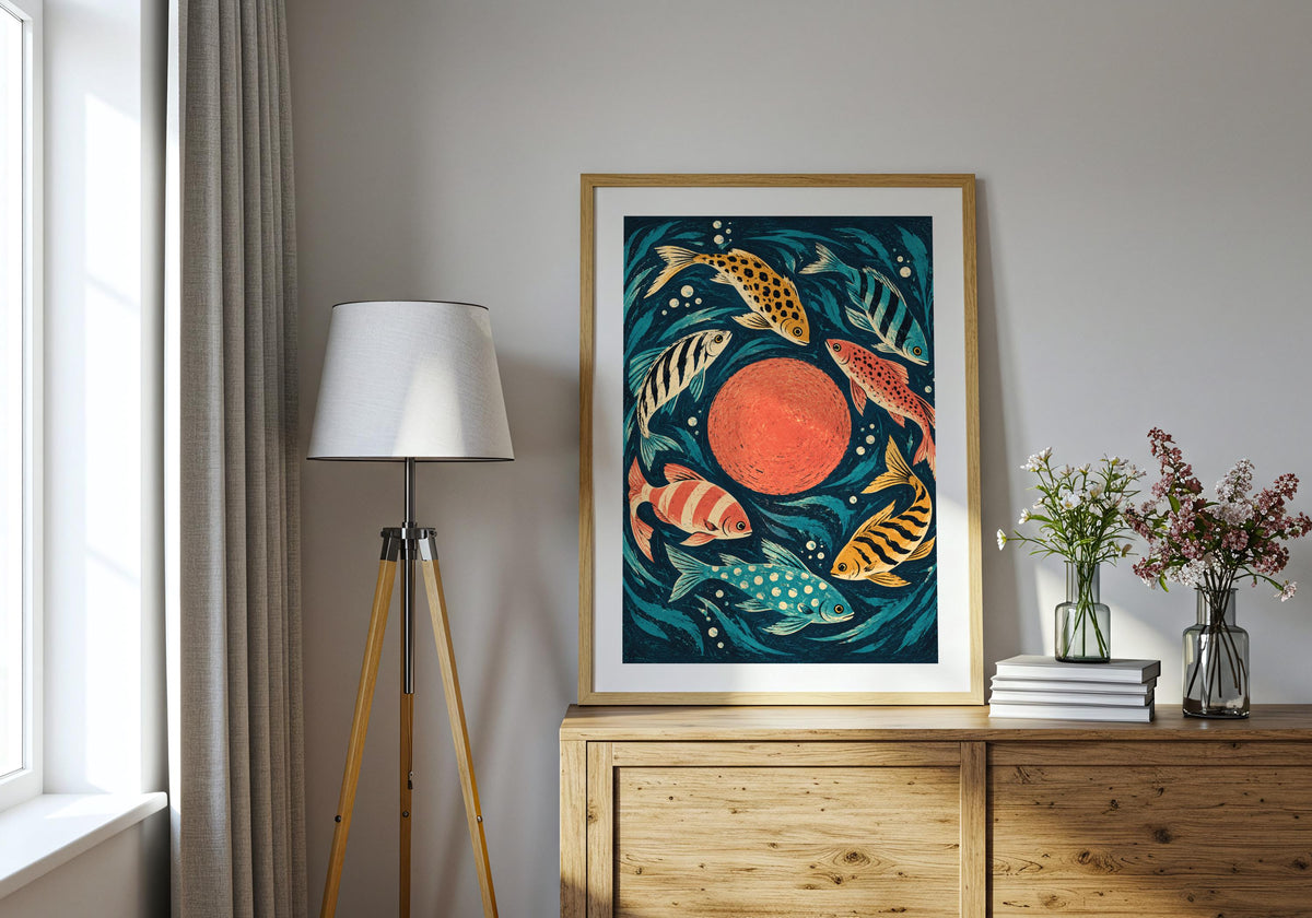 Placed above a wooden chest beside a tripod lamp, the artwork shows the circular marine arrangement.