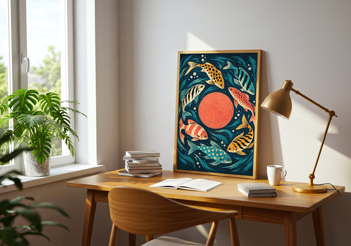 The room image includes varied fish colours against teal in a frame on a desk beside a brass task lamp.