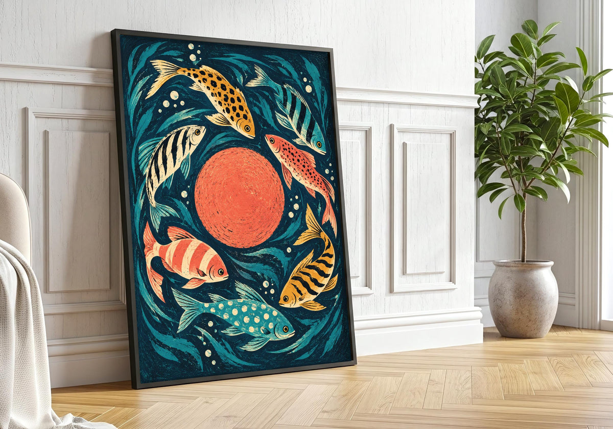 This interior presents the broad coral disc in a portrait frame against white panelling beside a large leafy tree.