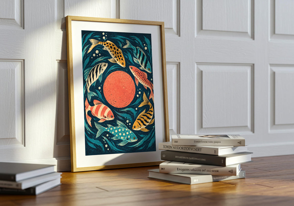 Here, the print of the graphic underwater scene sits on a table beside stacked books.