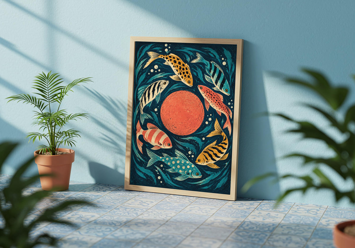 See the colourful patterned fish in the framed artwork against a blue wall with leafy shadows.
