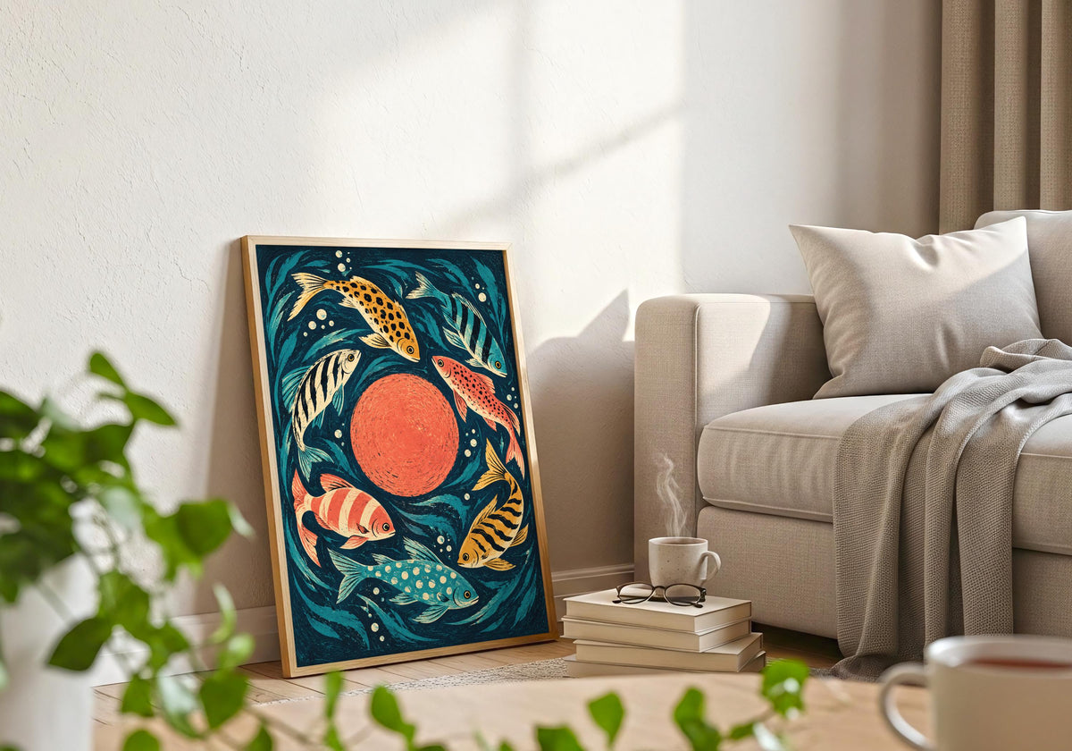 The styling pairs the rhythmic sea-life picture with a frame beside a pale sofa, books and foreground greenery.